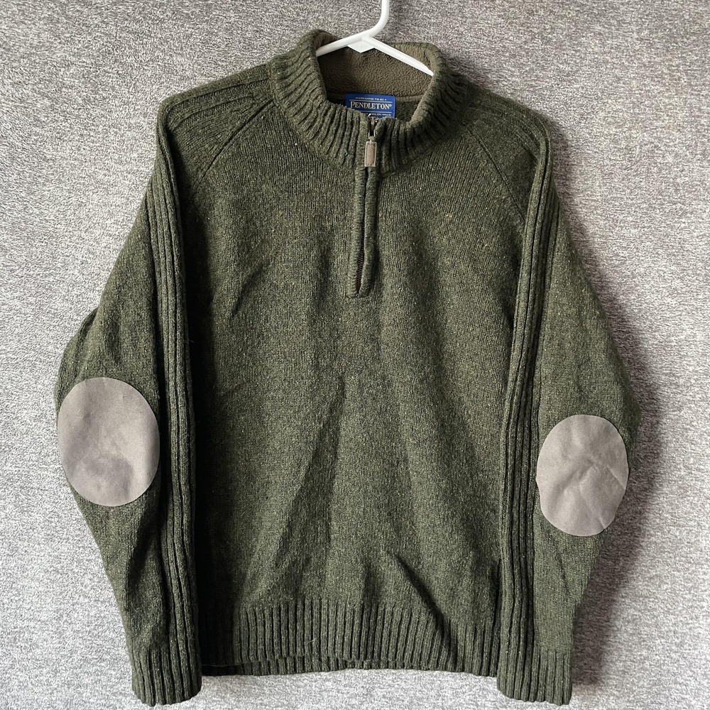 Pendleton Sweater‎ Mens Medium Green Shetland Wool 1/4 Zip Mock Neck Elbow Patch